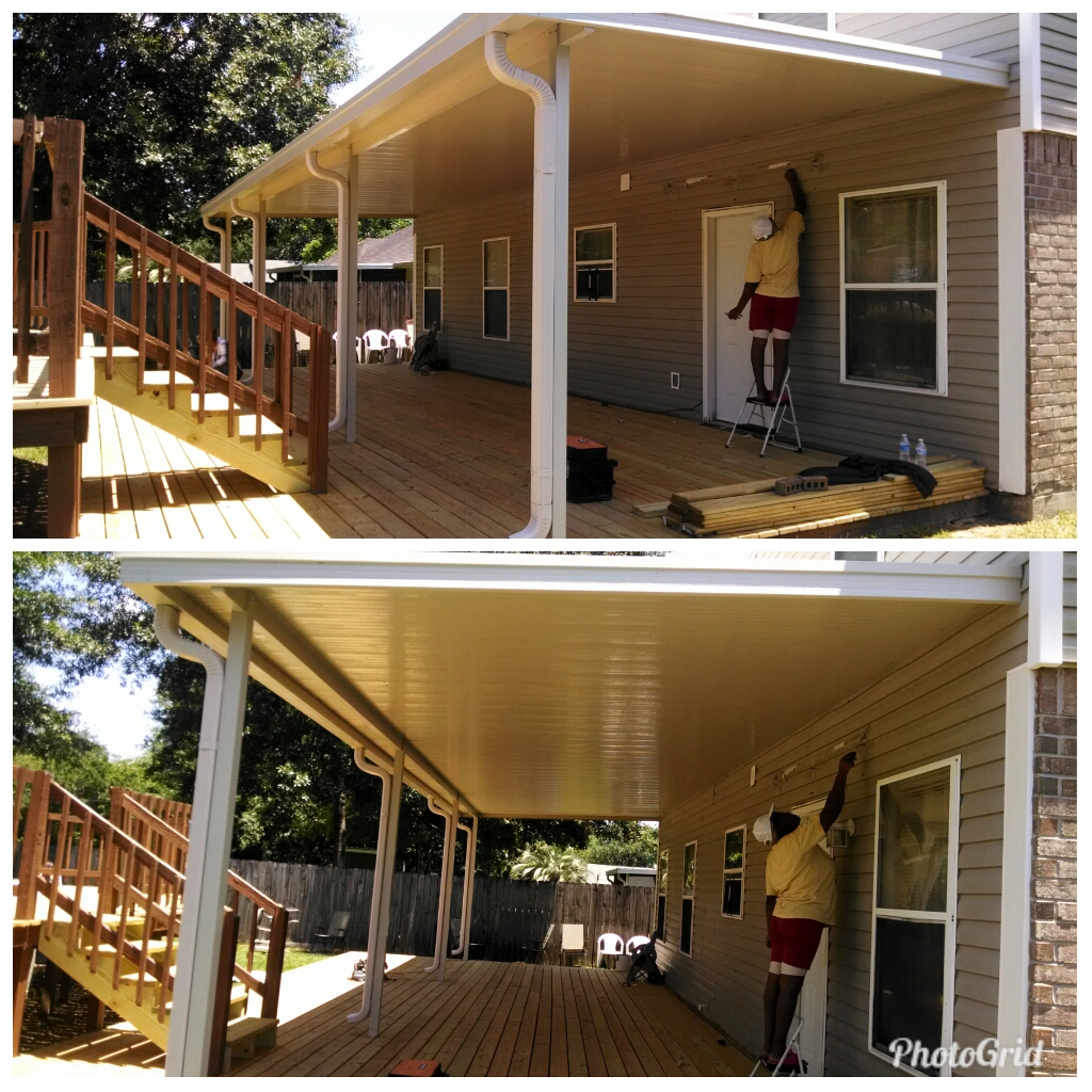 Patio awning built over a deck.